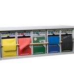 CanDo Dispens-a-Band exercise band rack, wood, 5 rolls, INCLUDING: 5 x 100 yard CanDo Perf 100 low powder set (yellow, red, green, blue, black)