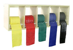 CanDo Exercise Band and Tubing Storage Racks CanDo exercise band rack, plastic, 5 rolls, INCLUDING: 5 x 50 yard CanDo AccuForce low powder set (yellow, red, green, blue, black)