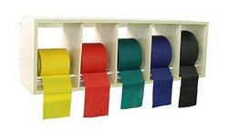 CanDo exercise band rack, plastic, 5 rolls, INCLUDING: 5 x 50 yard CanDo latex free set (yellow, red, green, blue, black)