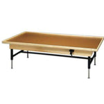 wooden platform table - manual hi-low, raised-rim, 7' x 4' x (19" - 27")